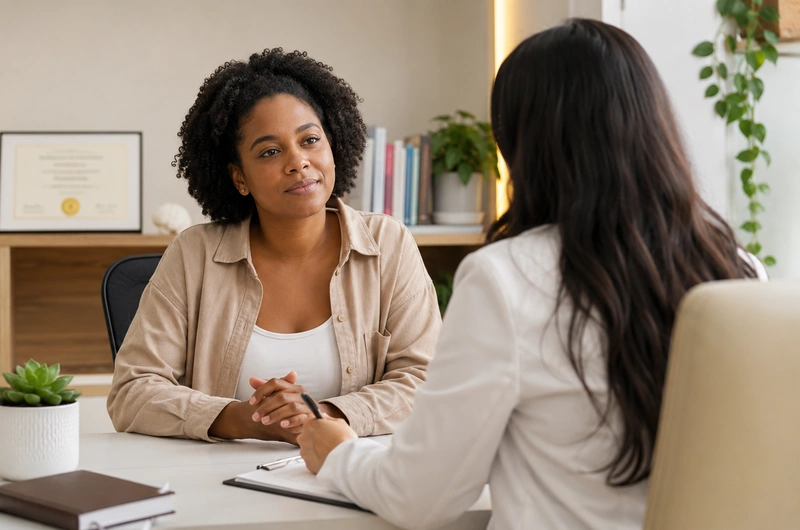 Paciente conversando com médica durante a primeira consulta psiquiátrica em ambiente reservado