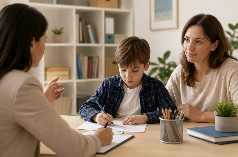 Psiquiatra conversando com uma criança e seu responsável durante consulta infantil em Salvador