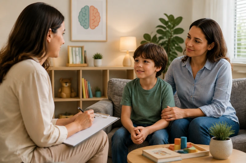 Psiquiatra conversando com mãe e criança durante uma consulta presencial