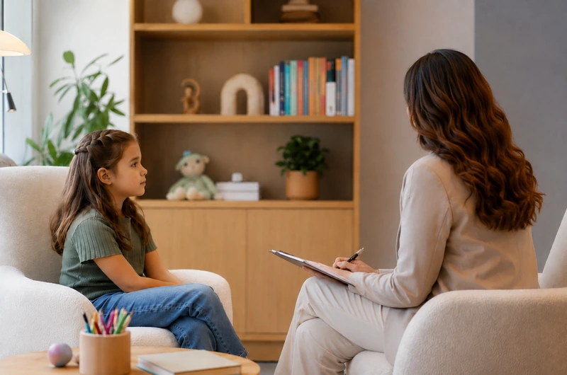 Criança conversando com médica durante avaliação psiquiátrica infantil.
