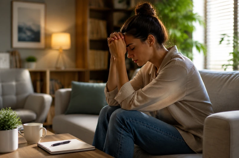 Pessoa sentada com expressão de ansiedade e desconforto durante um momento de tensão emocional.
