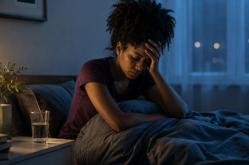 Pessoa adulta acordada na cama durante a noite com dificuldade para dormir.
