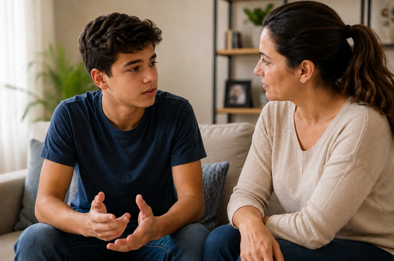 Mãe conversando de forma acolhedora com o filho adolescente em casa