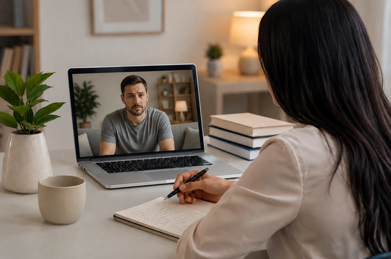 Homem adulto participando de consulta com psiquiatra online em ambiente reservado