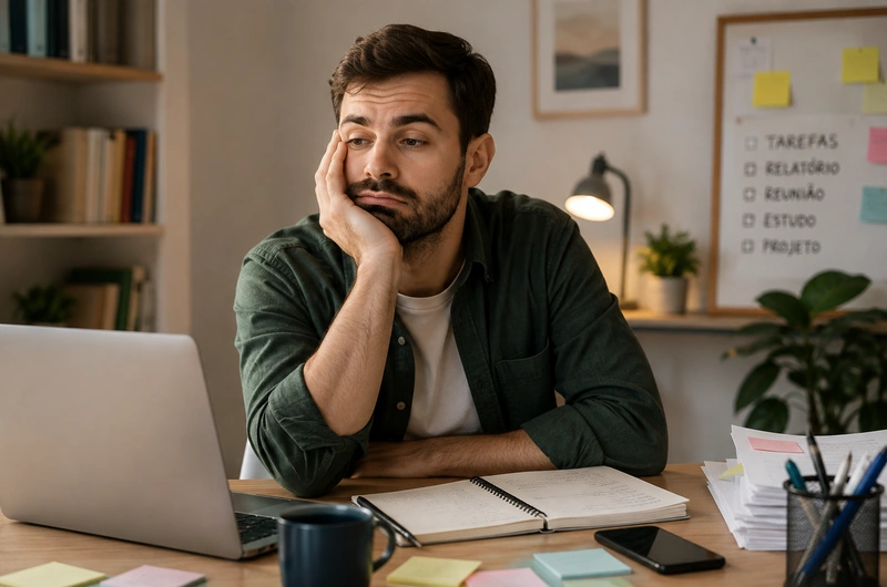 Adulto diante do computador com agenda e tarefas acumuladas, representando dificuldade de organização e procrastinação.
