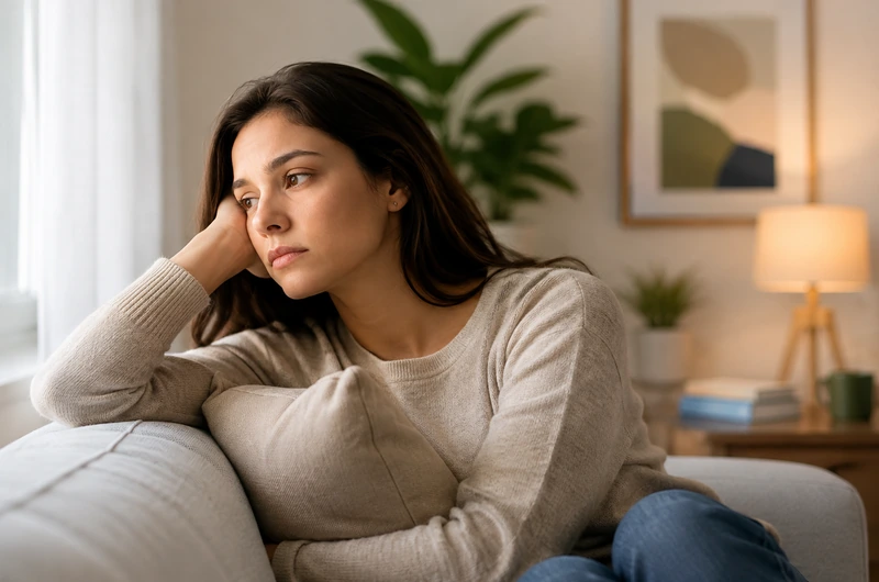 Mulher adulta sentada no sofá, com expressão de tristeza e reflexão, em ambiente doméstico acolhedor e iluminado.