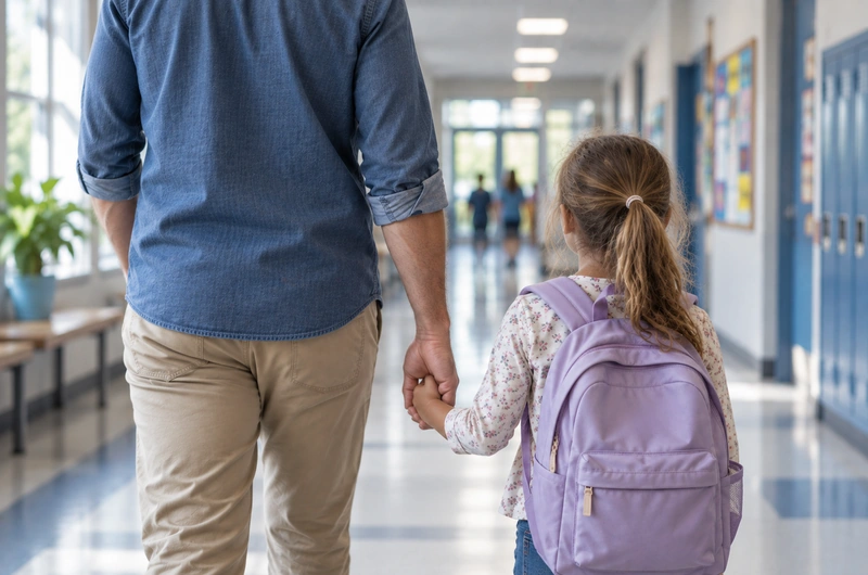 Pai acompanha filha com mochila em corredor escolar.