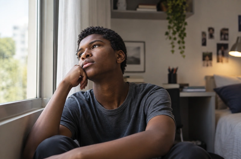 Adolescente sentado sozinho com expressão introspectiva em ambiente doméstico