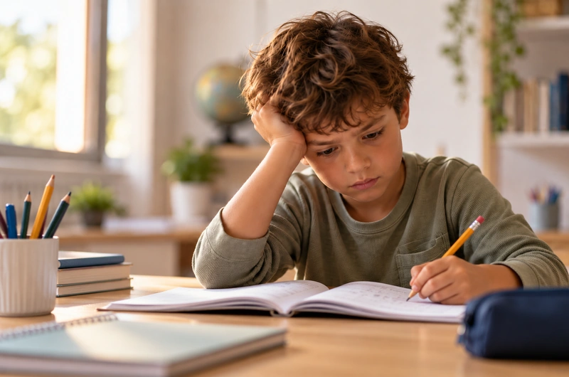 Criança em idade escolar diante dos estudos com expressão pensativa