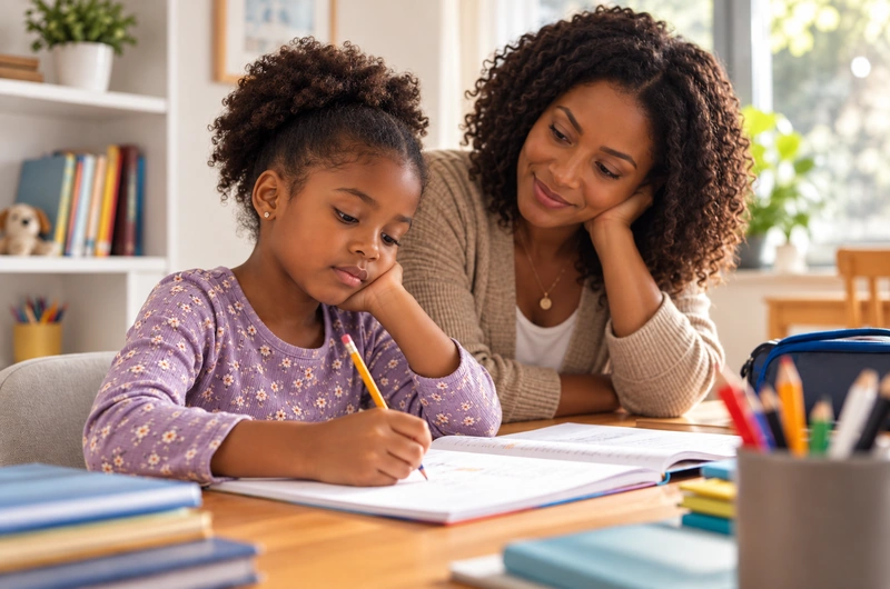 Criança realizando atividade escolar enquanto adulto acompanha sua rotina de estudos
