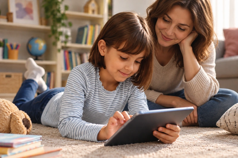 Criança utilizando tablet em casa acompanhada por um responsável