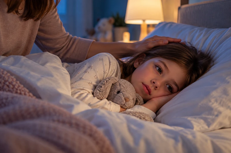 Criança deitada na cama enquanto responsável acompanha sua rotina de sono